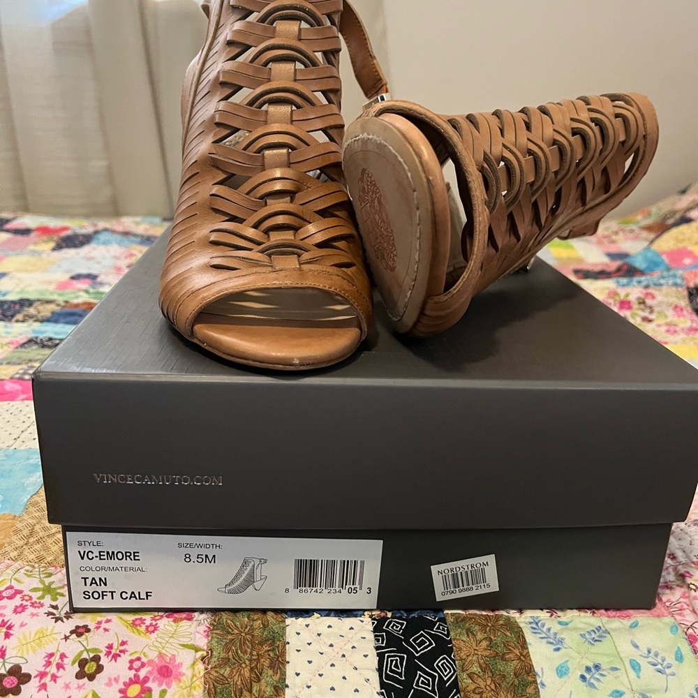 Vince Camuto Tan Heeled Sandals with Intricate Design